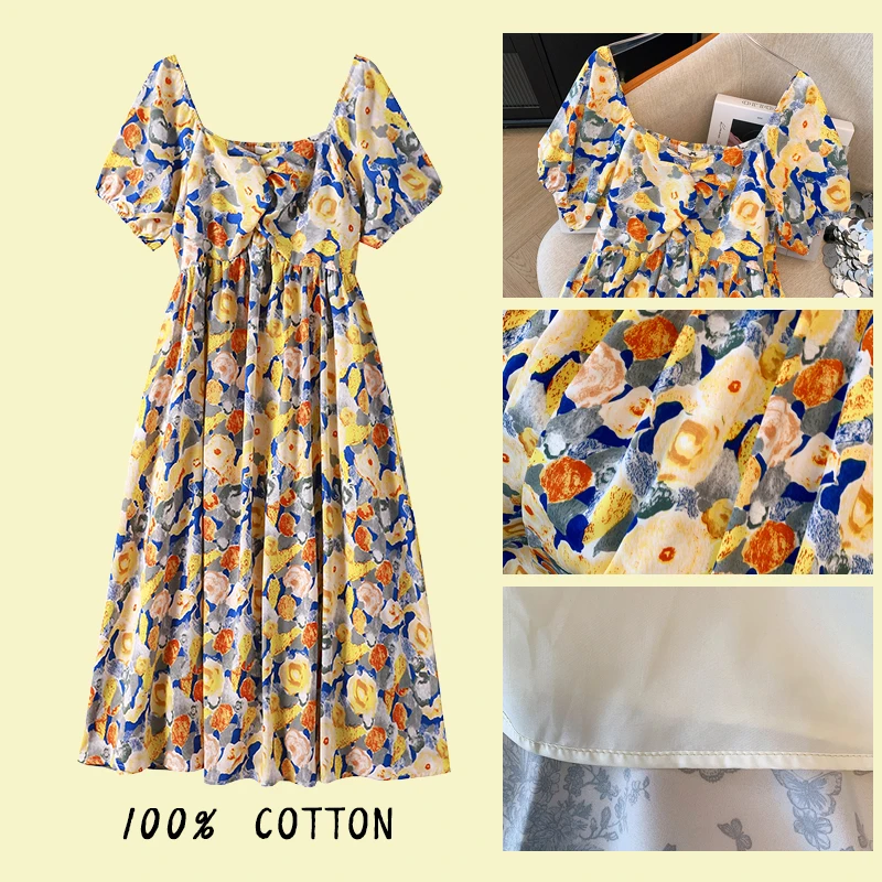 Plus size women's summer casual dress French pastoral print long dress chiffon fabric loose comfortable party dress 2024 new