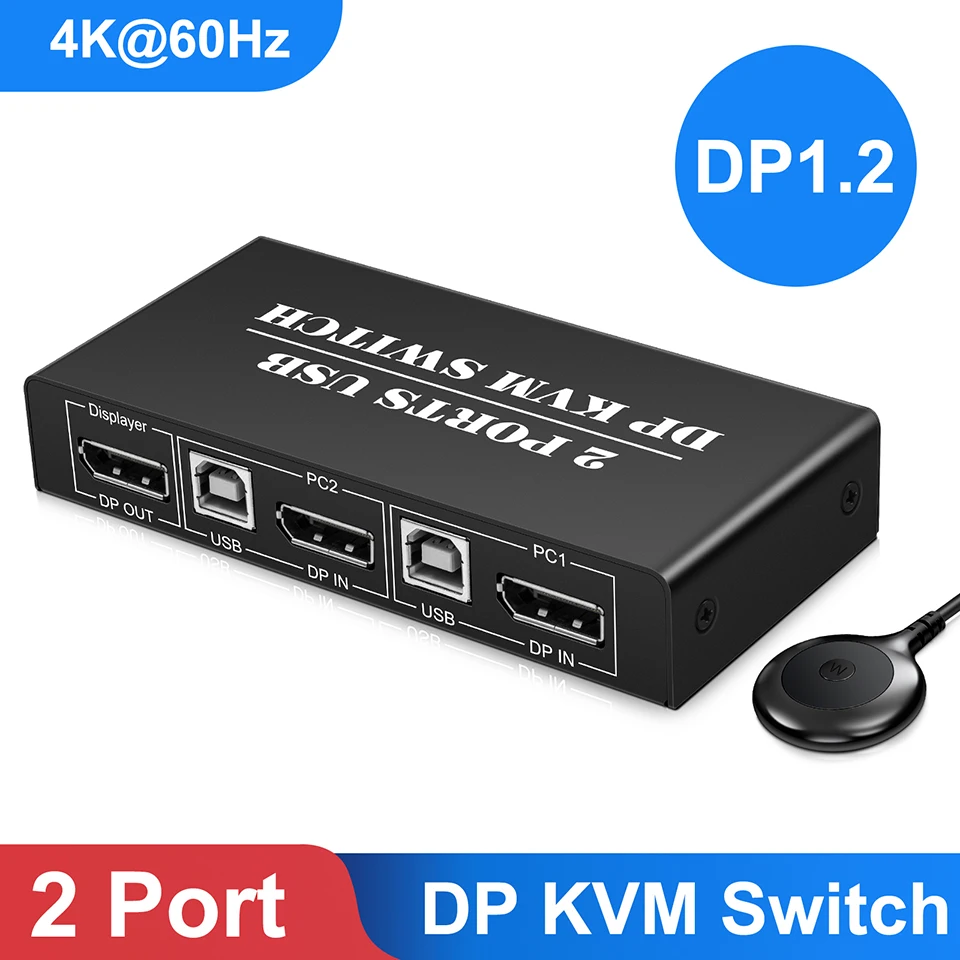 DP KVM Switch 2 Port 8K@30Hz 4K@60hz Displayport1.2 Switch 2 In 1 Out with 3 USB2.0 Port for 2 PC Laptop Share Keyboard Mouse