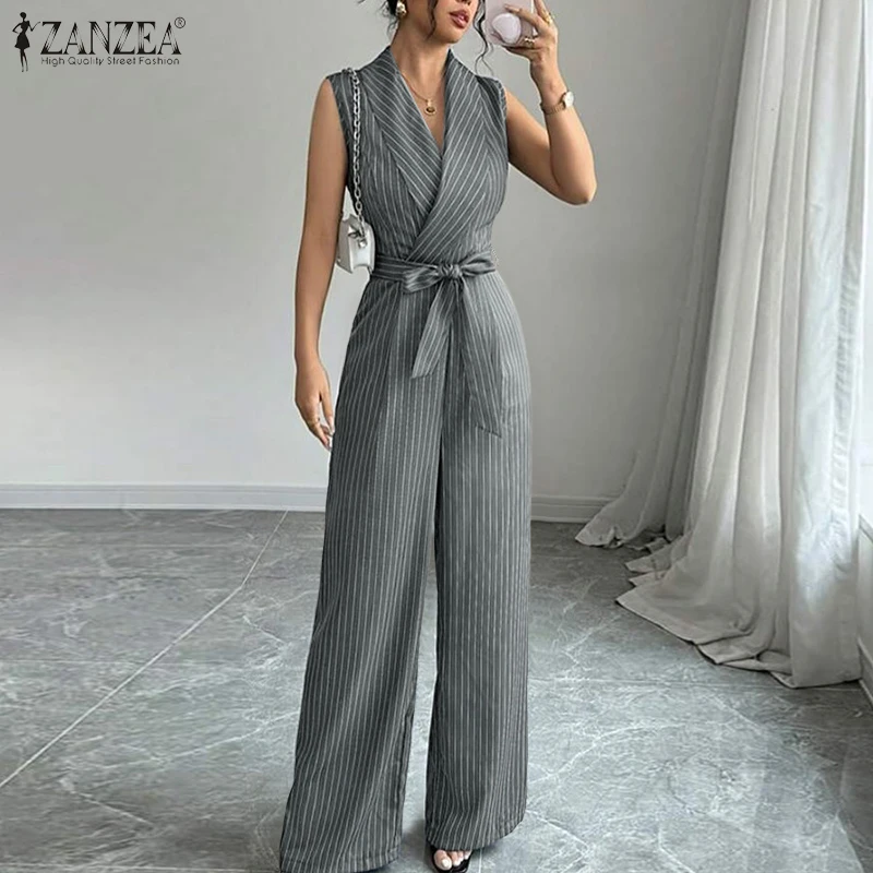 

2026 ZANZEA Summer Rompers Elegant Women OL Work Overalls Jumpsuits Fashion V Neck Sleeveless Striped Playsuit Wide Leg Trousers
