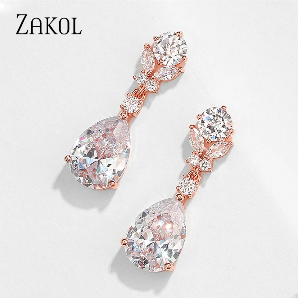 ZAKOL Shiny White Waterdrop Bridal Earring for Women Teardrop Crystal Dangle Earrings Luxury Wedding Jewelry