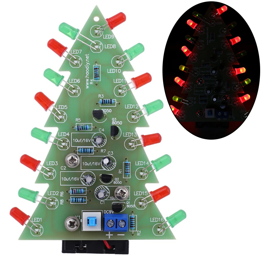 DC 9V DIY Kit Red Green Flash Circuit Board Christmas Trees LED Marquee Light Electronic Welding Training Suite