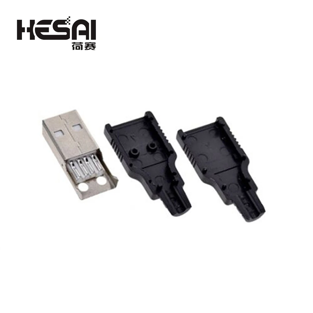 Conector USB 2.0 macho e fêmea com tampa de plástico preto, 4 pinos Plug, adaptador, Kit DIY, tipo A, 1, 5, 10 Set