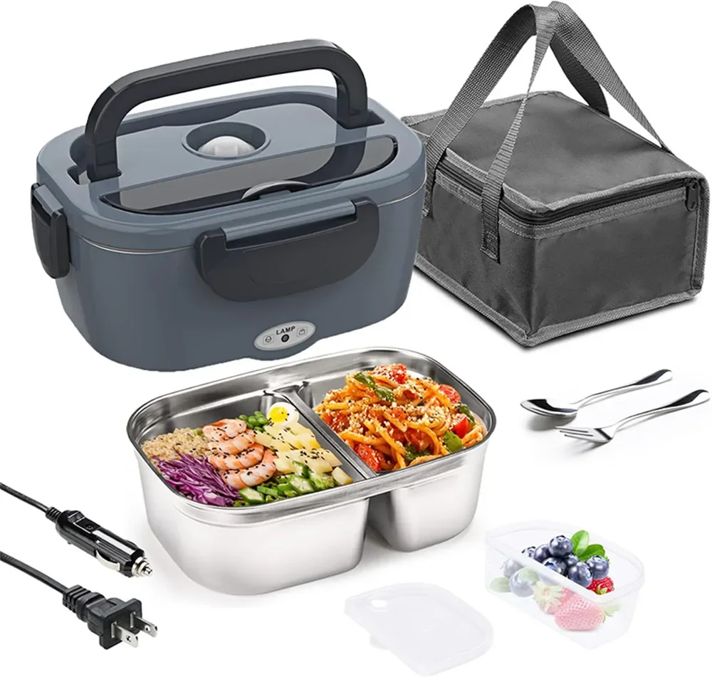 Portable 110V/12V/24V Electric Heated Lunch Box 40W 60W 80W Food Heater 2 Compartments For Adults Car Truck Work Travel