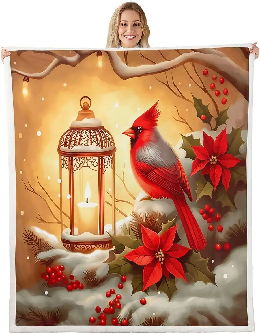 Red Cardinal Sherpa Blanket for Couch, Nature Wild Animals Bird Fleece Blanket Red Berries Poinsettia Flowers Fuzzy Plush Throw