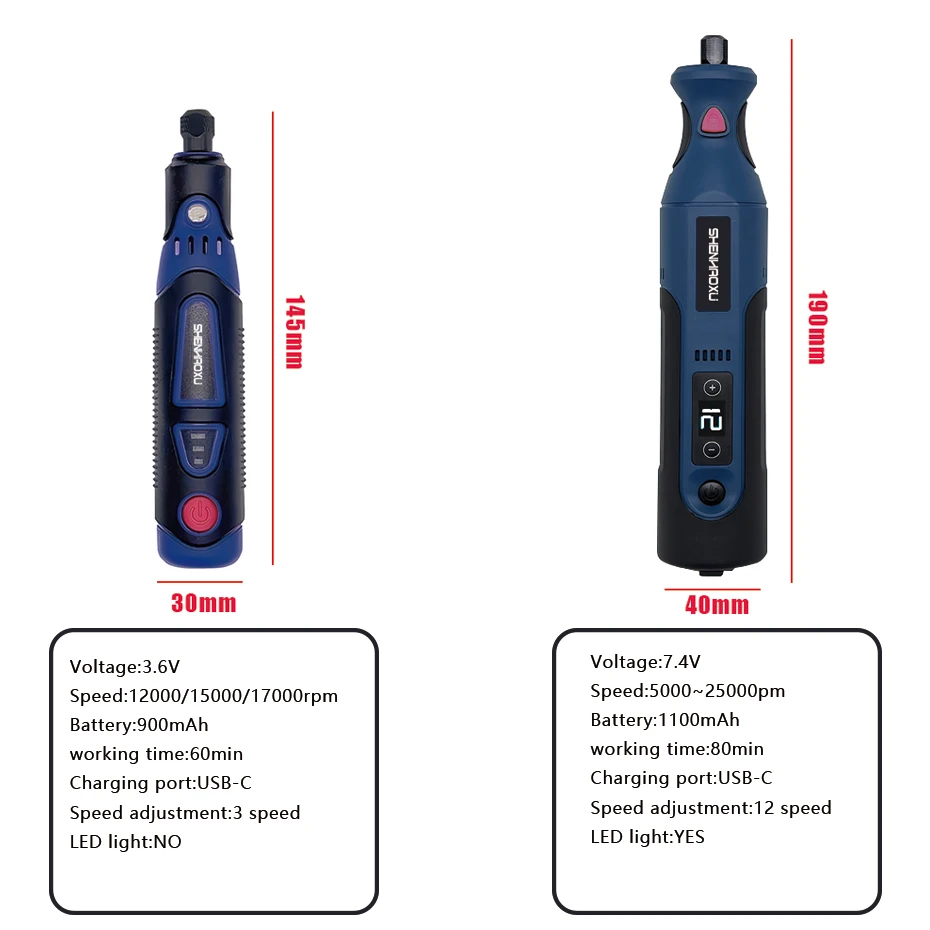 Cordless Drill Grinder Rotary Tool 12-Speed Adjust Wood Carving Pen for Milling Engraving Polish 3.6/7.4V USB Charger LED Lights
