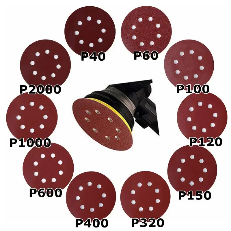 10pcs 5inch 8Holes Round Sandpaper Sanding Disc 40/60/80/100/240/320//800/1000 Assorted Grit Sandpapers Sander Round Sand Paper