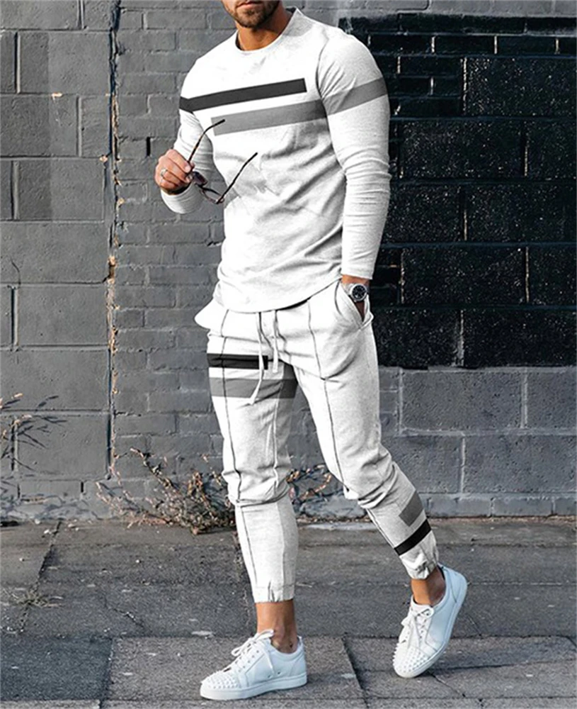 Jogging Sweatshirt Sets For Men Color Contrast Stitching 3D Printing Fashion Casual Spring Fall Crew Neck Sweatshirt And Pants