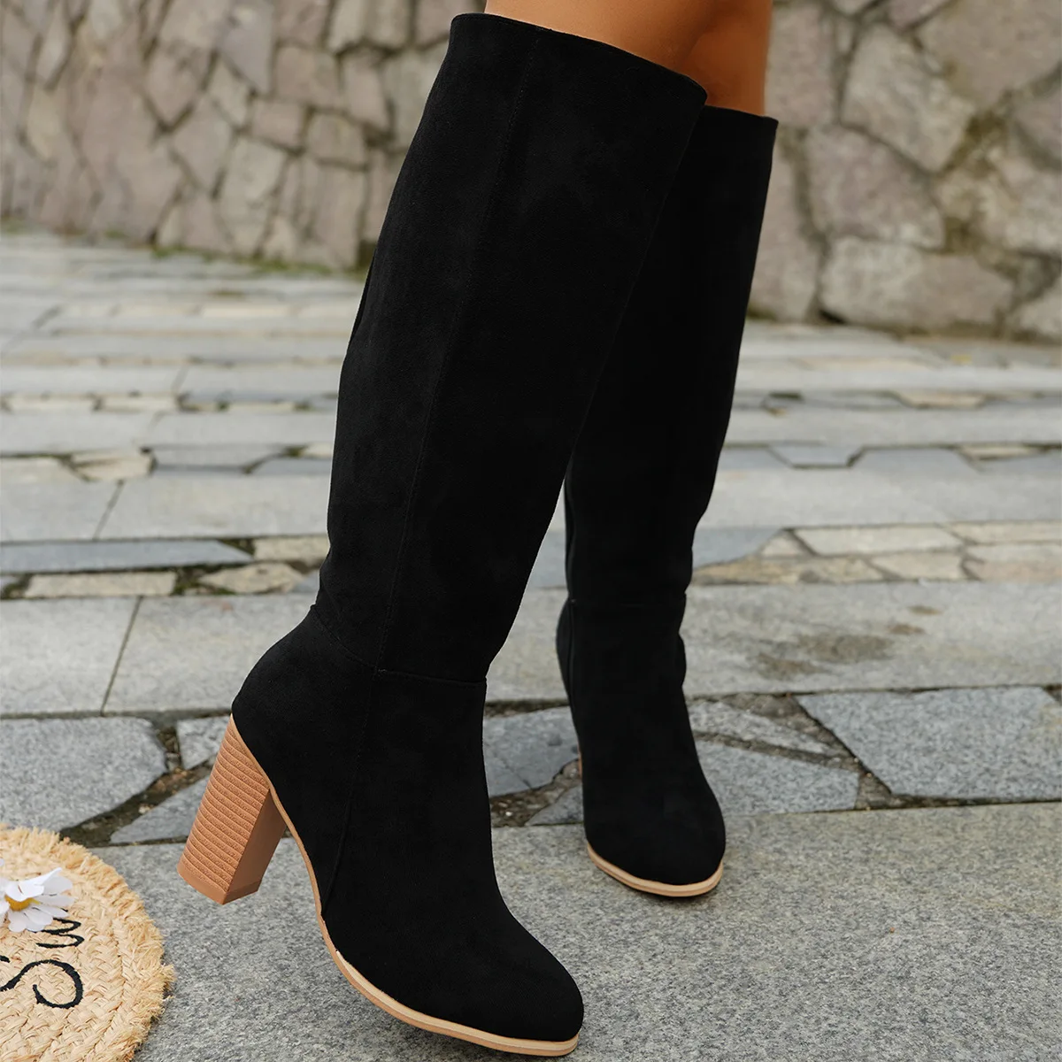 المرأة حذاء برقبة للركبة ريترو جلد الغزال حذاء كاجوال موضة حذاء بكعب عالي مكتنز أحذية رعاة البقر الغربية بوتاس Largas Mujer