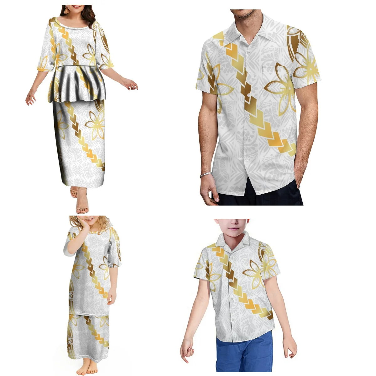 Luxury Design Family Party Clothing For Women Crew-Neck Puletasi Suit Father-Son Shirt  Mother-Daughter Ptaha Dress Polynesian