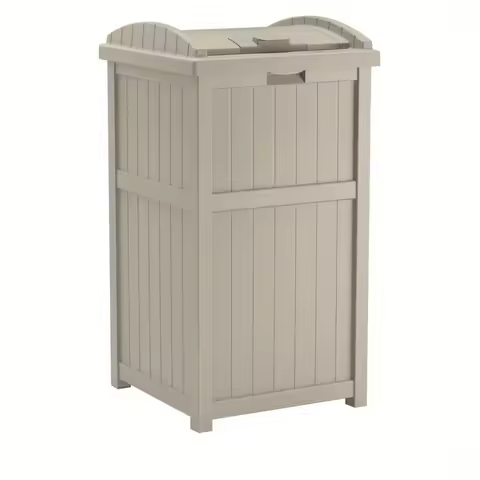 Suncast Resin Hideaway Outdoor Trash Can with Latching Lid Taupe Garbage Bin Storage for Patio Deck