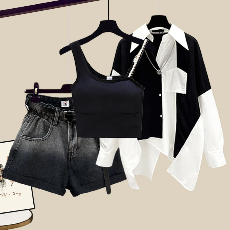 

Summer Faionable Denim Set Women's Small Size Salt System Maturi ort orts Vest irt Tee Piece Set High Street Sle