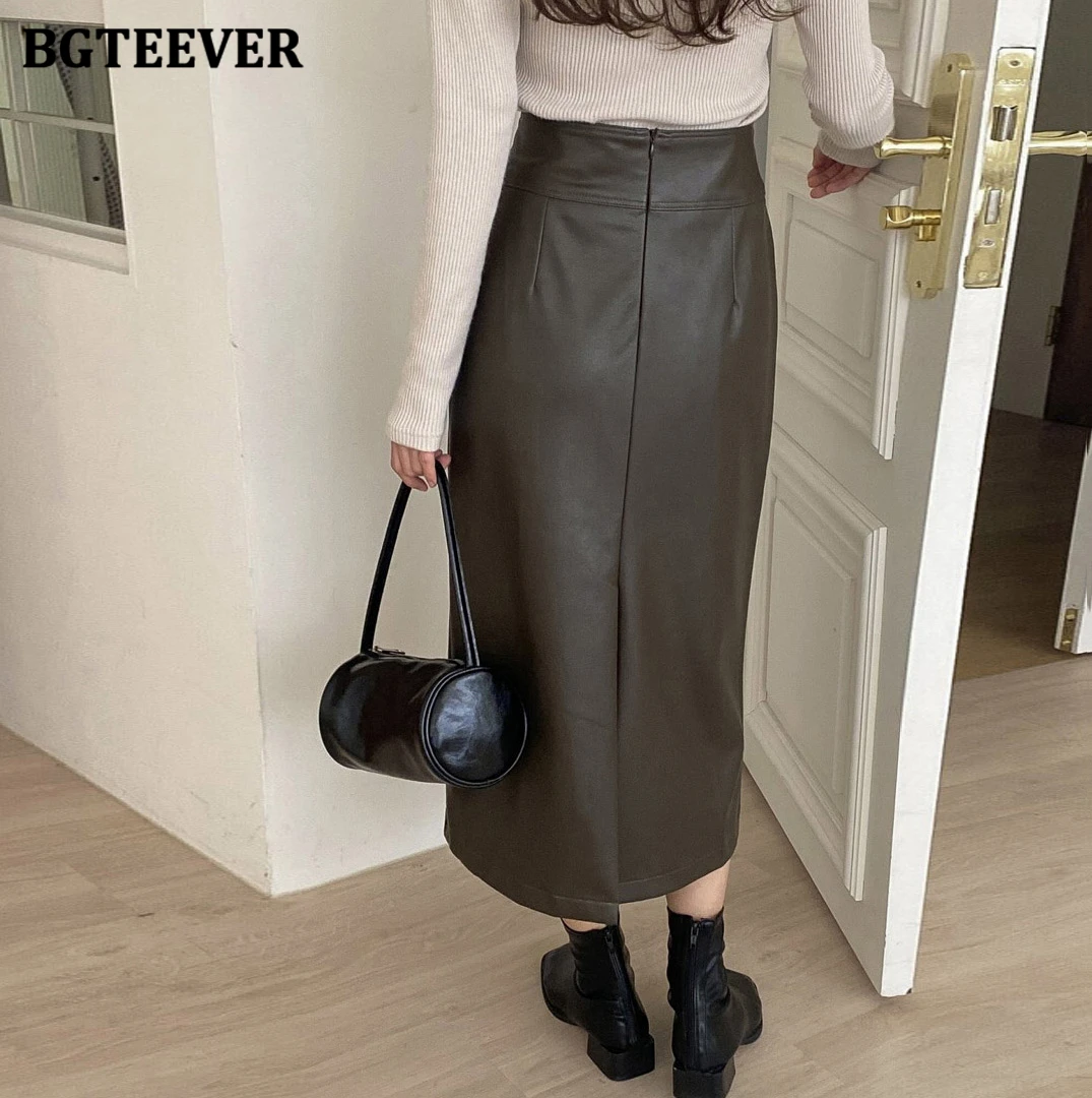 BGTEEVER Vintage Split Package Hip Women PU Leather Skirts Spring High Waist Straight Female Skirts