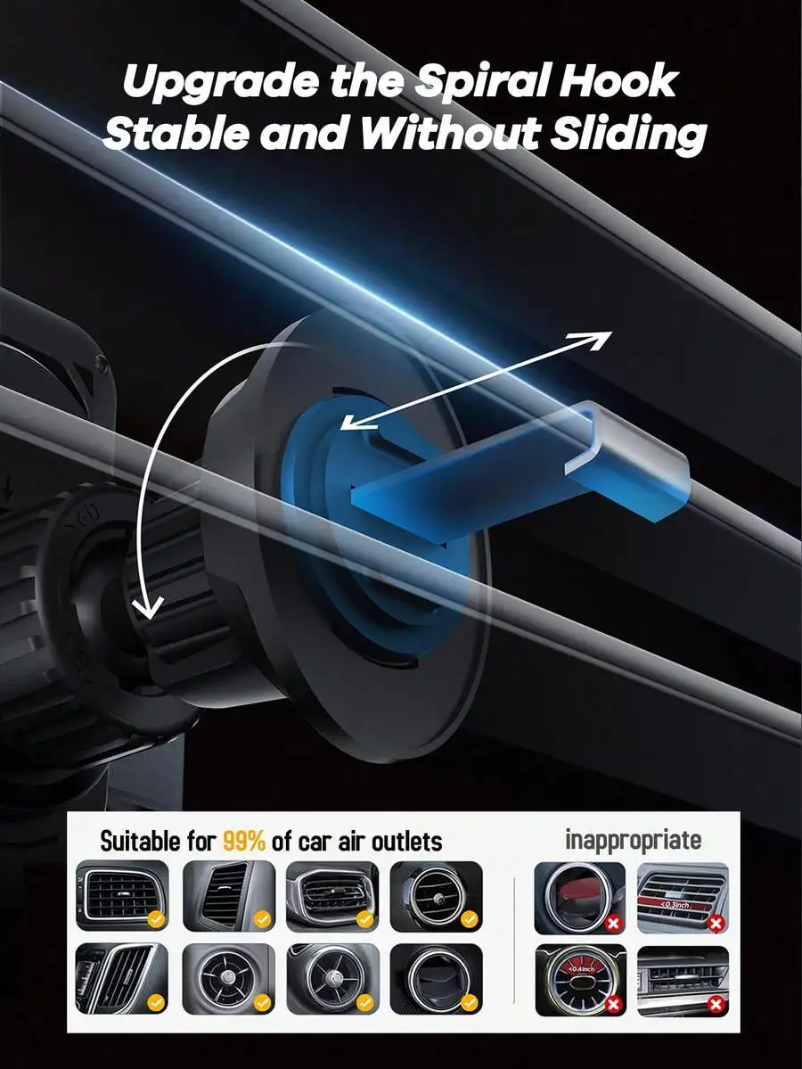 

15W Car Charger With Ambient Light, Spiral Hook, Anti-Slip Silicone, Aviation Aluminum Clamp, 90° Rotation