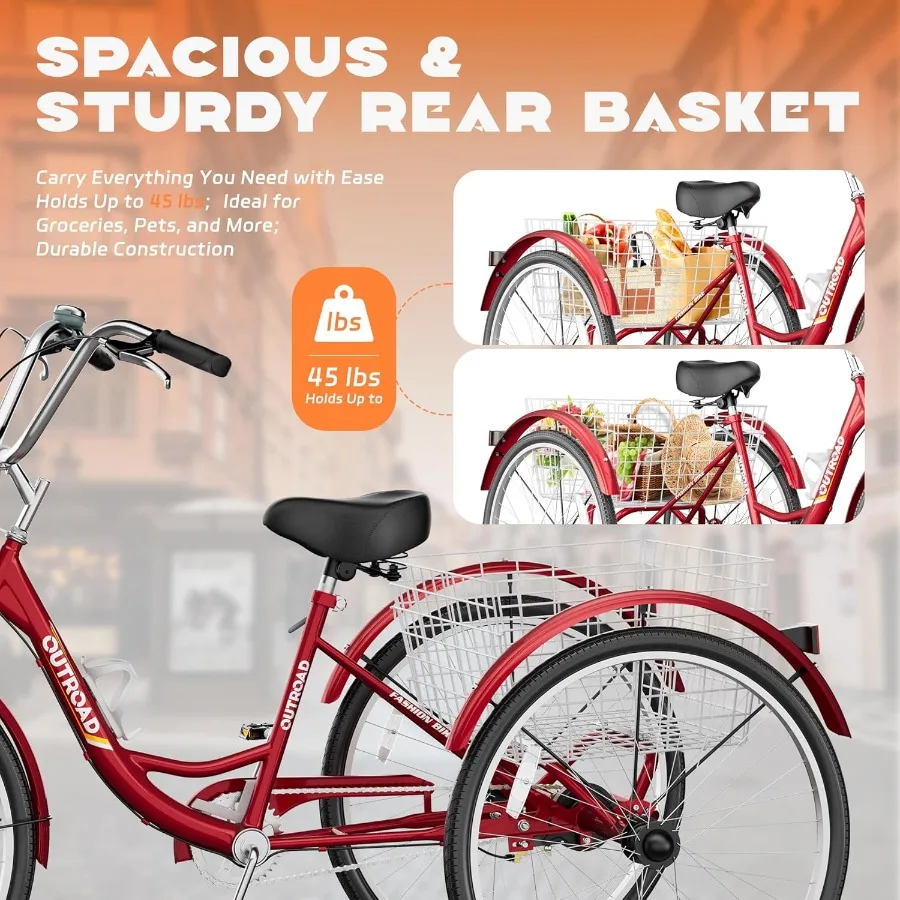 دراجة ثلاثية العجلات للكبار مع سلة كبيرة 24 26 بوصة دراجة كروز مستقرة 3 عجلات للتسوق على الشاطئ وركوب المدينة مثالية للرجال والنساء #2