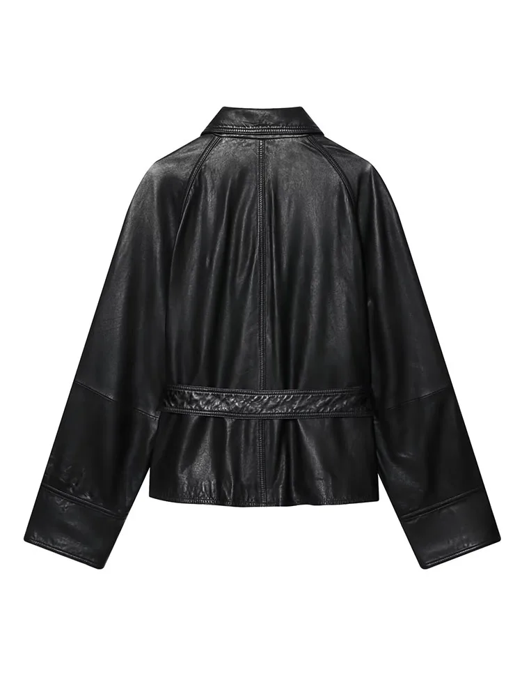 HH المرأة الموضة الرجعية تنوعا الدانتيل متابعة فو الجلود سترة قصيرة الإناث مزاجه بسيط عادية التلبيب كم طويل سترة #3