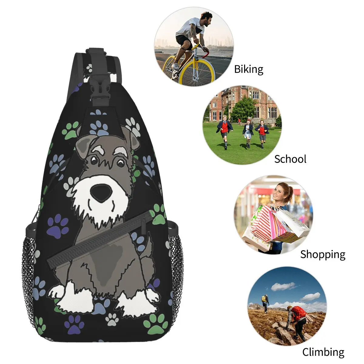 Schnauzer Dog And Paw Sling Bag Chest Crossbody Shoulder Backpack Outdoor Hiking Daypacks Cute Men Women Bookbag