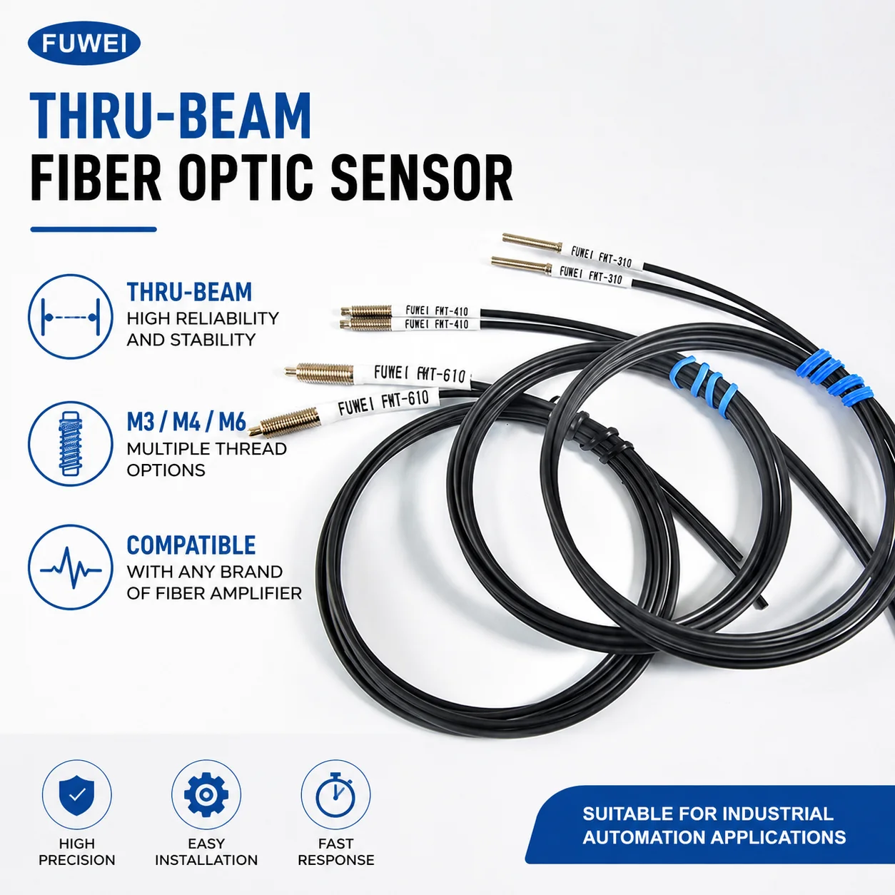 FUWEI Through‑Beam Fiber Optic Sensor Probe M3 M4 M6 Laser Infrared Switch Amplifier