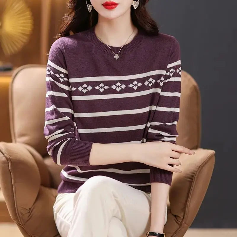 Women\'s Clothing Sweater Knitted Pullover Long Sleeve Screw Thread Round Neck Contrast Color Autumn Winter All-match Tops