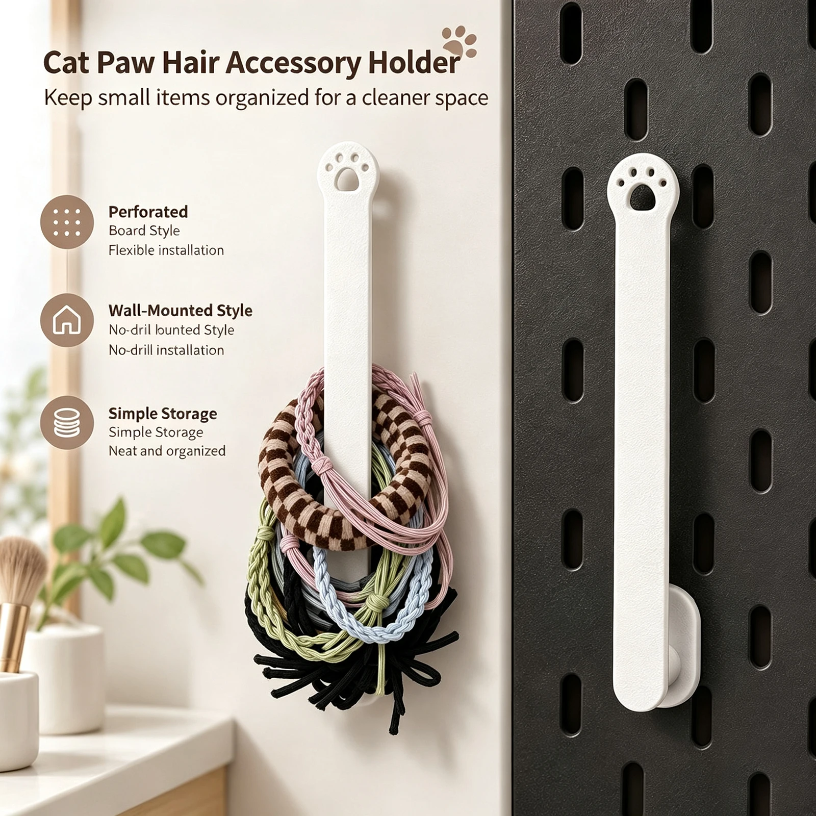 Hair Tie Holder,2 Style Wall Mount & Pegboard Hair Accessory Organizer Storage Rack For Scrunchies/Jewelry Necklace -3D Printed