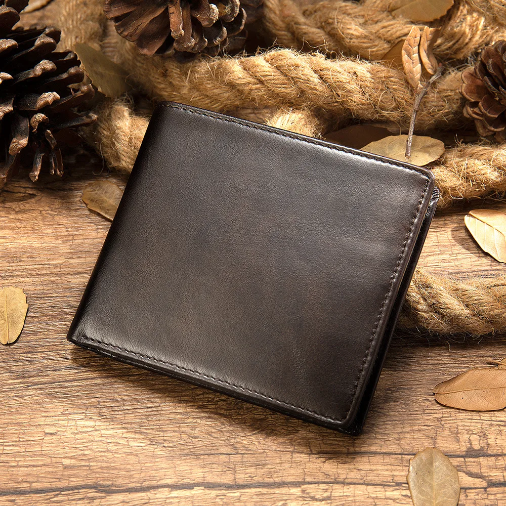 Men's Genuine Leather Wallet Multi-Card Slot RFID Card Holder Vintage Top Layer Cowhide Slim Wallet Daily Wear Resistant
