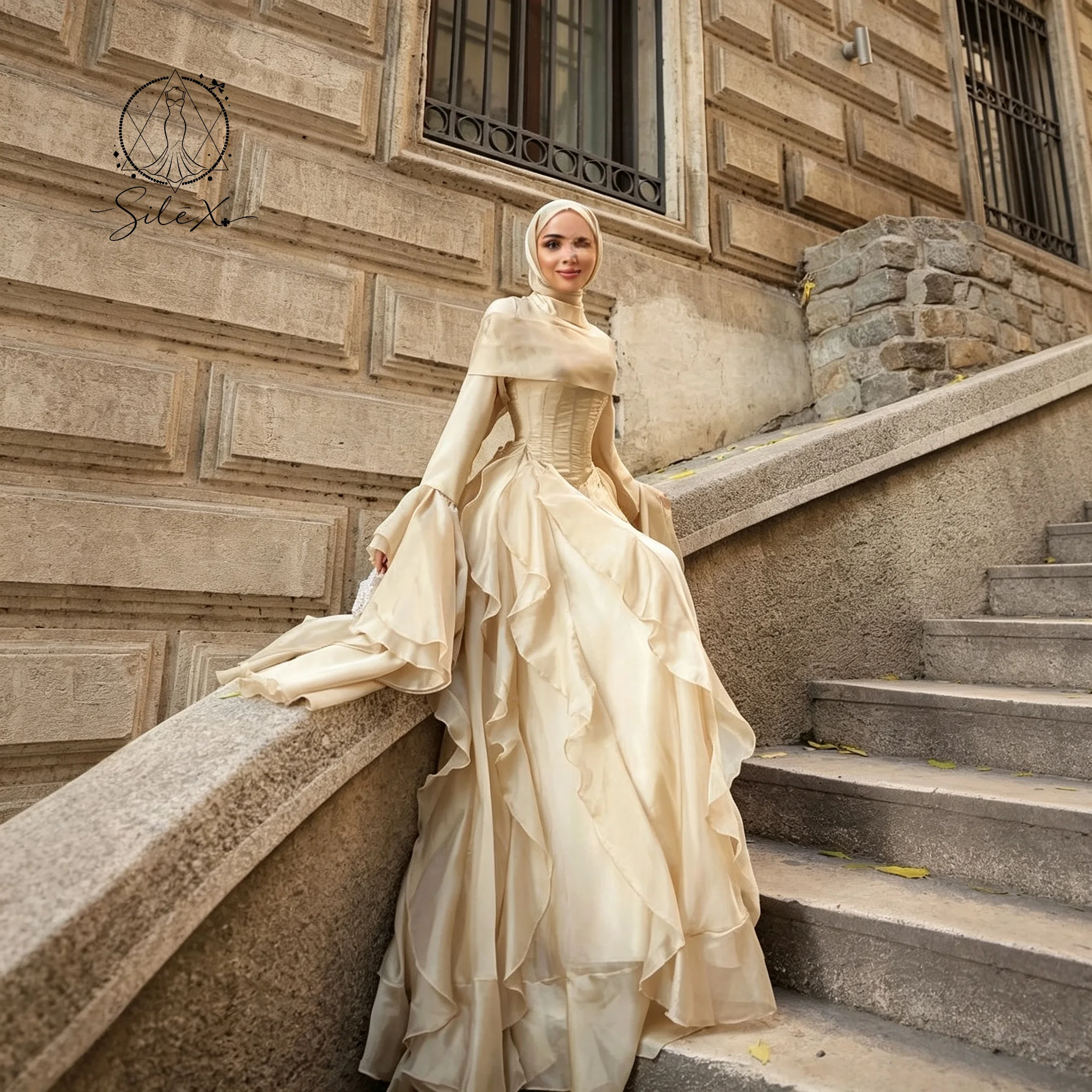 Champagne Modest Hijab Bridal Gown Long Flare Sleeve Corset Multi‑Layer Ruffled A‑Line Elegant Muslim Wedding Dress