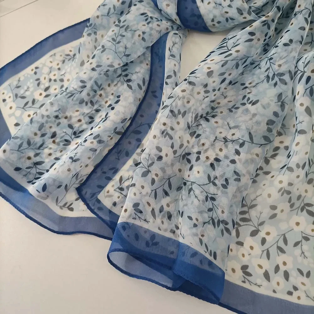 Lenço de seda chiffon para mulheres, xale fino, cheio de estrelas, estampa de flores, bandana longa, hijab, verão