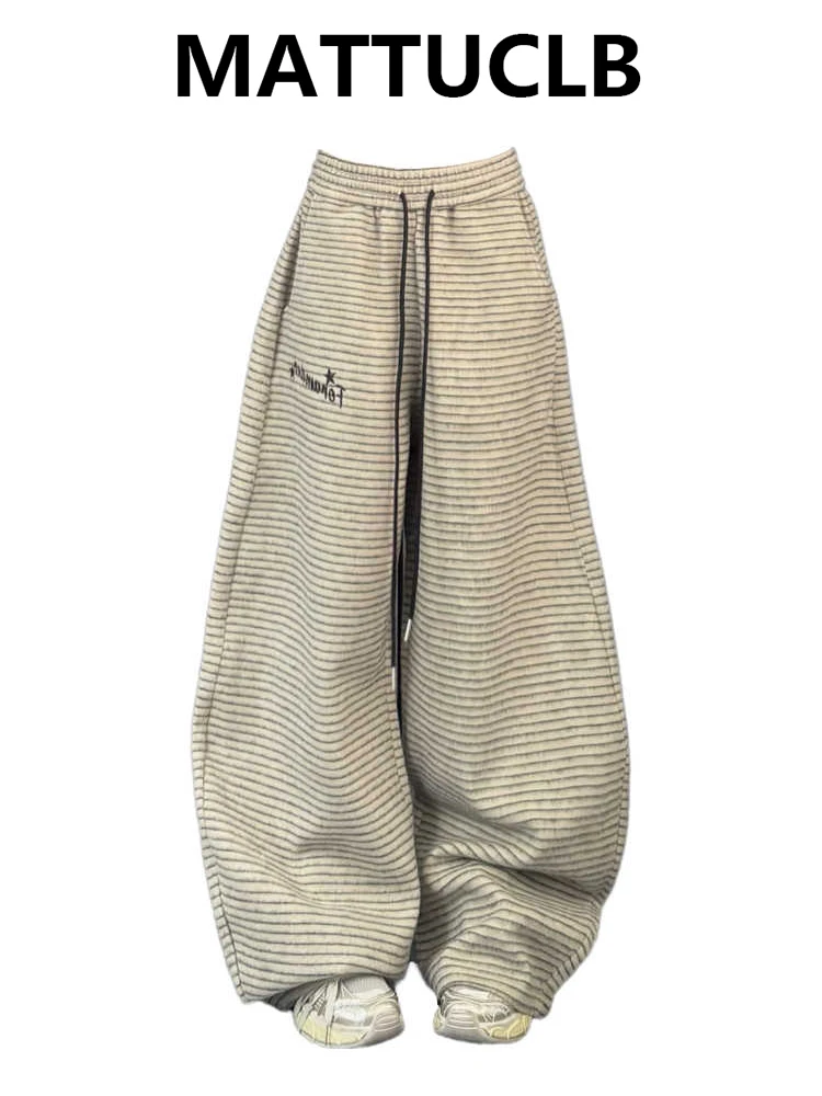 

Winter Women Baggy Drawstring Pants Striped Long Trousers Wide Fit Pants Y2k Harajuku Japanese Loose Casual American Retro Tide
