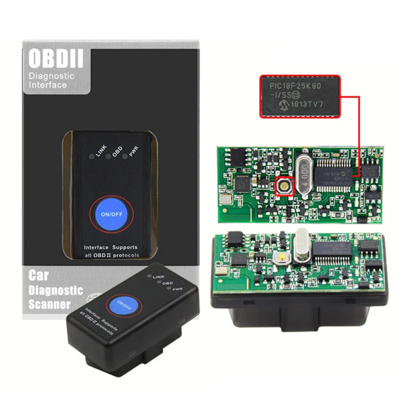 ماسح ضوئي للسيارة MINI ELM327 Obd2 بلوتوث 4.0 مع شريحة 25K80، مفتاح طاقة لنظام Android iOS