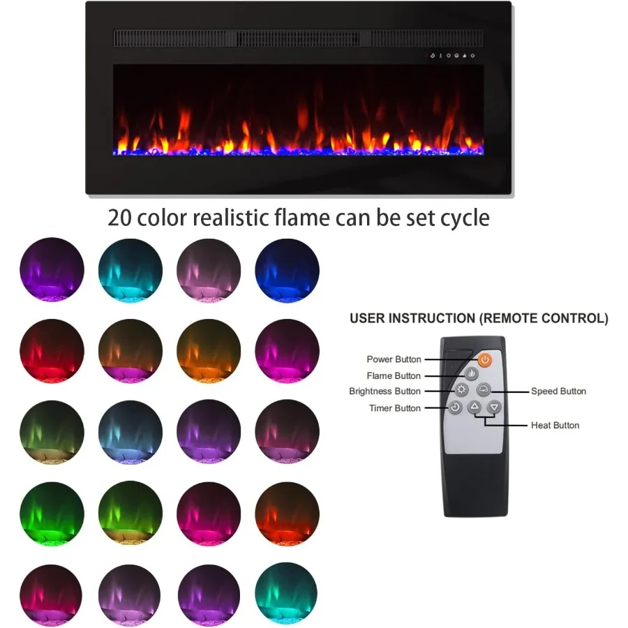 Wall-Mounted or Recessed Electric Fireplace Insert with Timer Touch Screen/Remote Control Adjustable Flame Color and Speed 5000