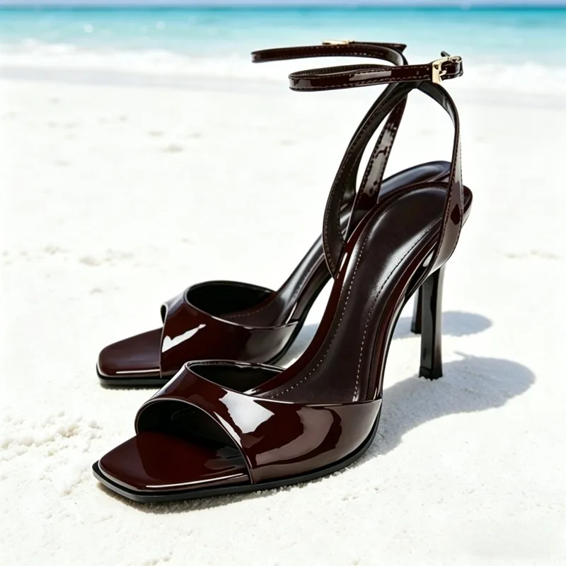 

Элегантные бордовые лакированные босоножки на высоком каблуке для женщин, модные туфли-стилето с квадратным носком, дизайнерские сексуальные туфли с открытым носком и ремешком на пятке