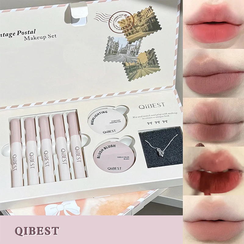 

QIBEST Retro Mail Design Multipurpose Makeup Set Include 5pc Matte Lip Mud,1 Blush,1 Highlight And 1 Necklace Gift Cosmetics Kit