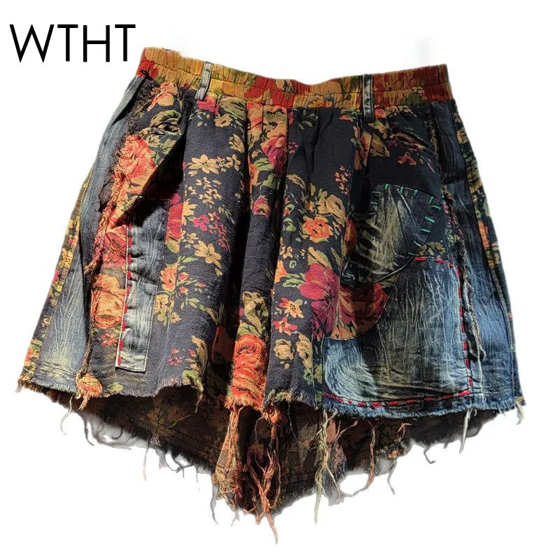 

WTHT Vintage New Women's Patchwork Print Design Denim Shorts 2025 Spring Fashion Elastic Waist Short Pants Female 1LS1160