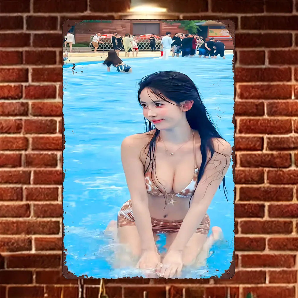 HD Tin Sign Vintage Asian Girl in Brown Leopard Print Bikini at Water Park Metal Wall Art Retro Decor for Home Bar Cafe