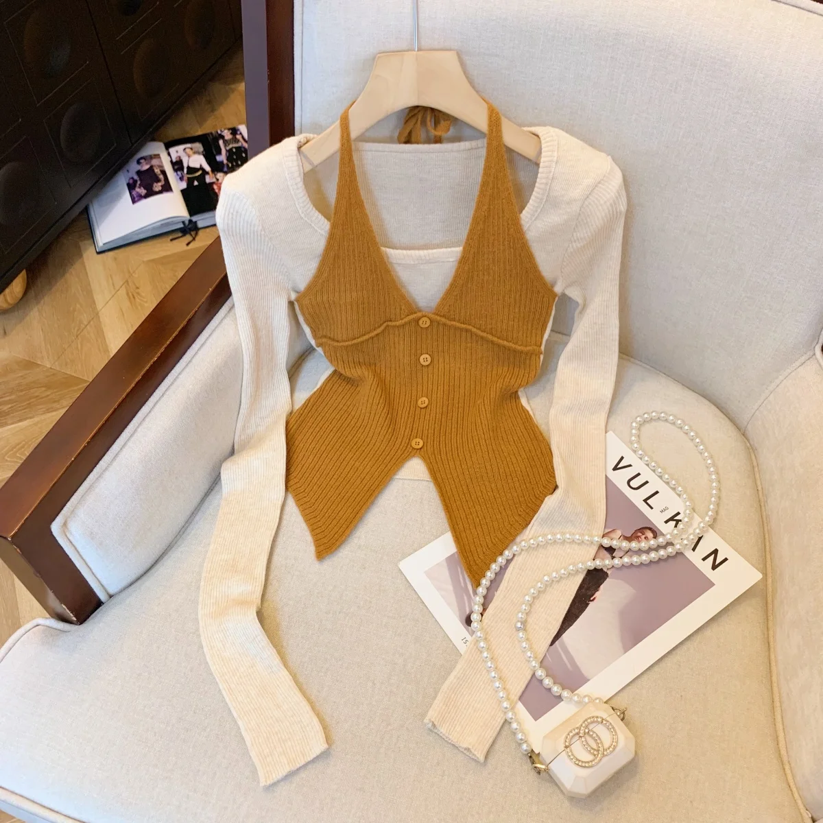 Sweet Sle Pull tricoté pour femme avec ceinture à Ne et fente asymétrique pour l'automne et l'hiver Blanc Améliorant Long Sve...