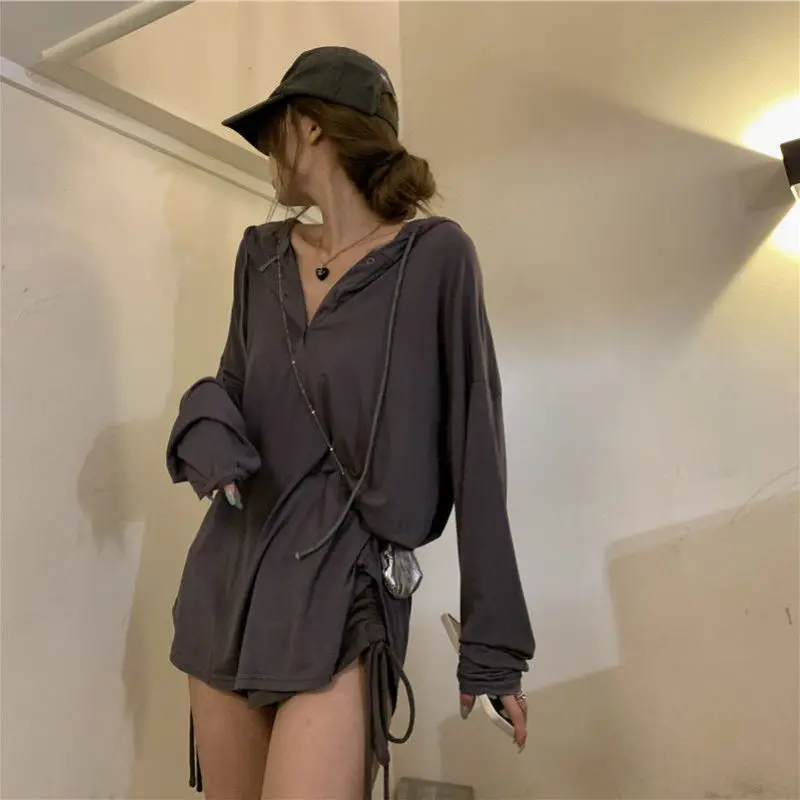 Elegant Drawstring Solid T-shirt Spring Autumn 2022 New Streetwear Long Sleeve Hooded V-Neck Loose Pullover Top Women\'s Clothing