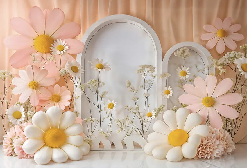 Mehofond Photography Backdrop Pink Daisy Curtain Decor for Girls Newborn Birthday Party Arch Door Cake Smash Background Props