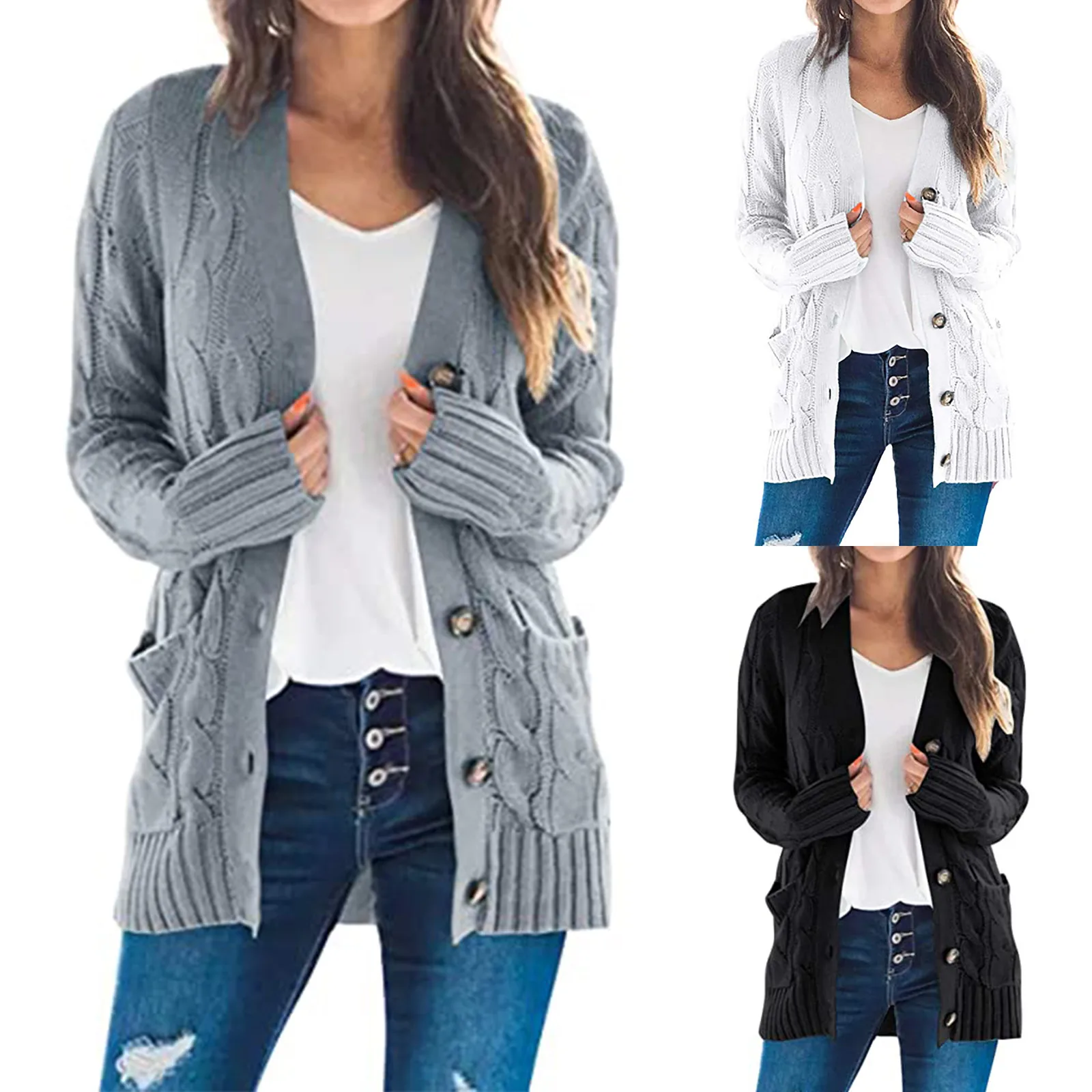 

2025 Autumn Winter New Women's Casual Cardigan Jacket Solid Color Twist Button Cardigan Sweater Women's Europe The United States