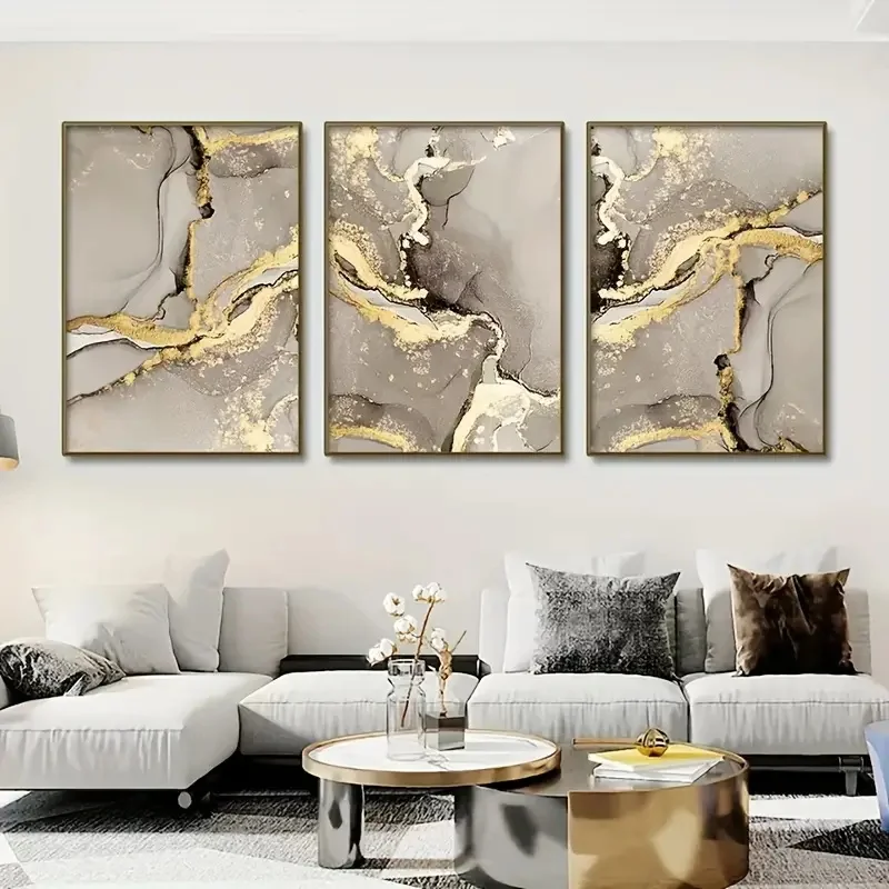 3pcs Marble Beige Golden Abstract Wall Art Posters Luxury Canvas Painting Print Pictures Modern Living Room Interior Home Decor