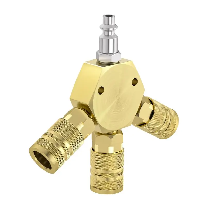 BHTS-Aluminum Hex Style 3-Way Air Manifold With 3 Pieces Steel Industrial Coupler And Plug, Air Compressor Manifold Hose