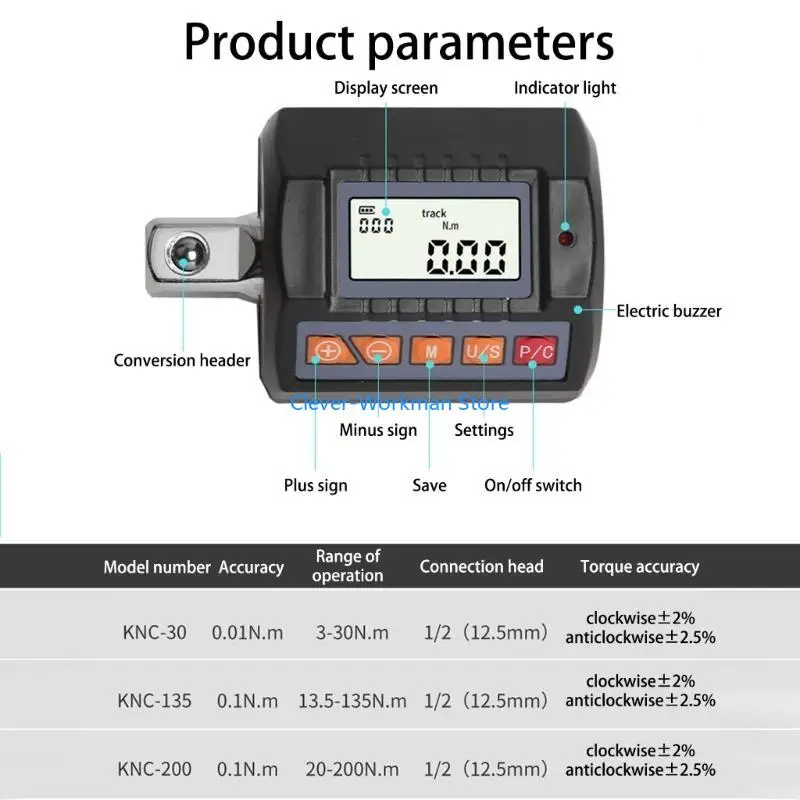 

24TD Digital Torque Meter Wrench Tester Adapters Suitable for 1/2 1/4 3/8inch Torque Gauge Car Repair Automotive Maintenance
