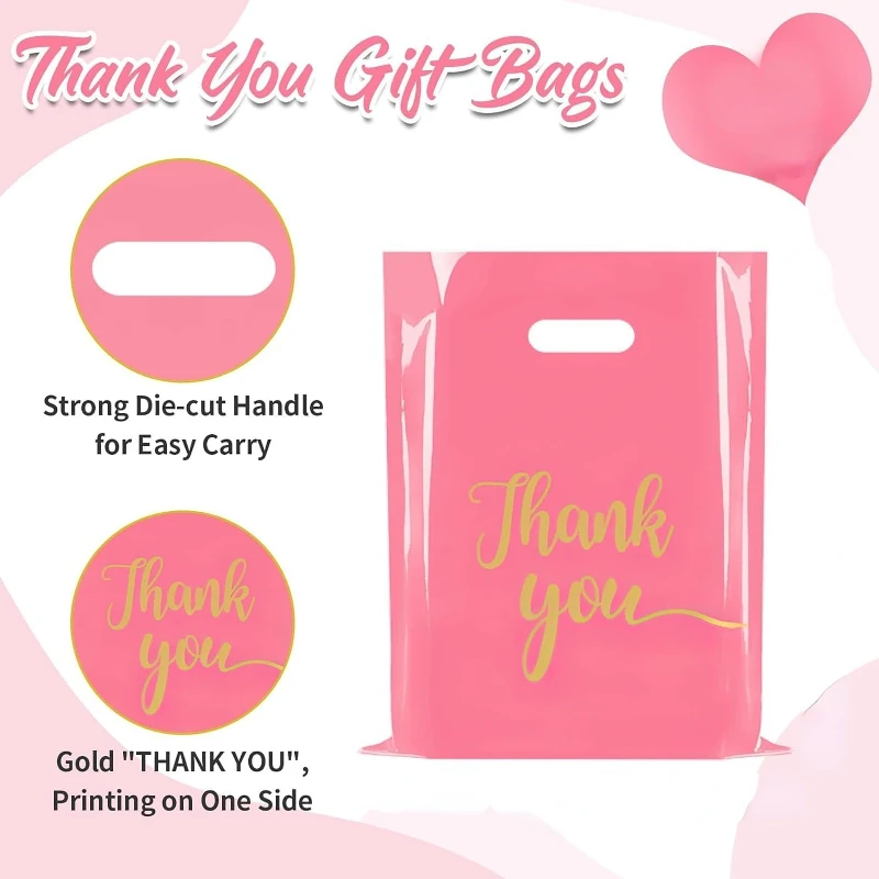 10PCS Pink Thank You Gift Bags Plastic Packaging Bag With Handle For Small Business Store Clother Jewelry Wedding Party Birthday