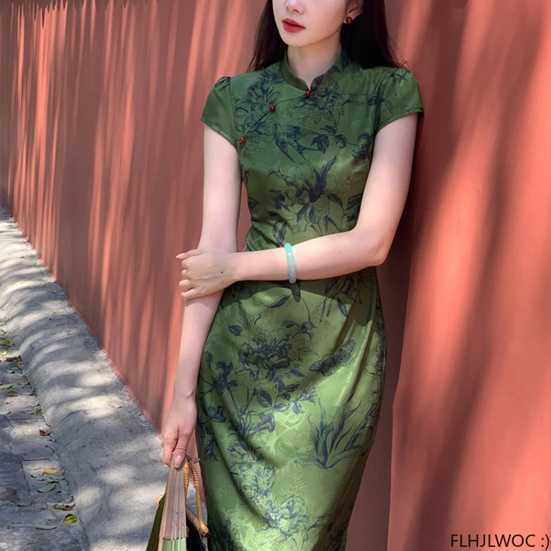 Estilo chinês Chi-Pao Collar Slim Fit Vestidos de Camisa, Vestido Lápis Verde, Vestido Lápis Dividido, Vintage Retro, Elegante, Cheongsams Francês