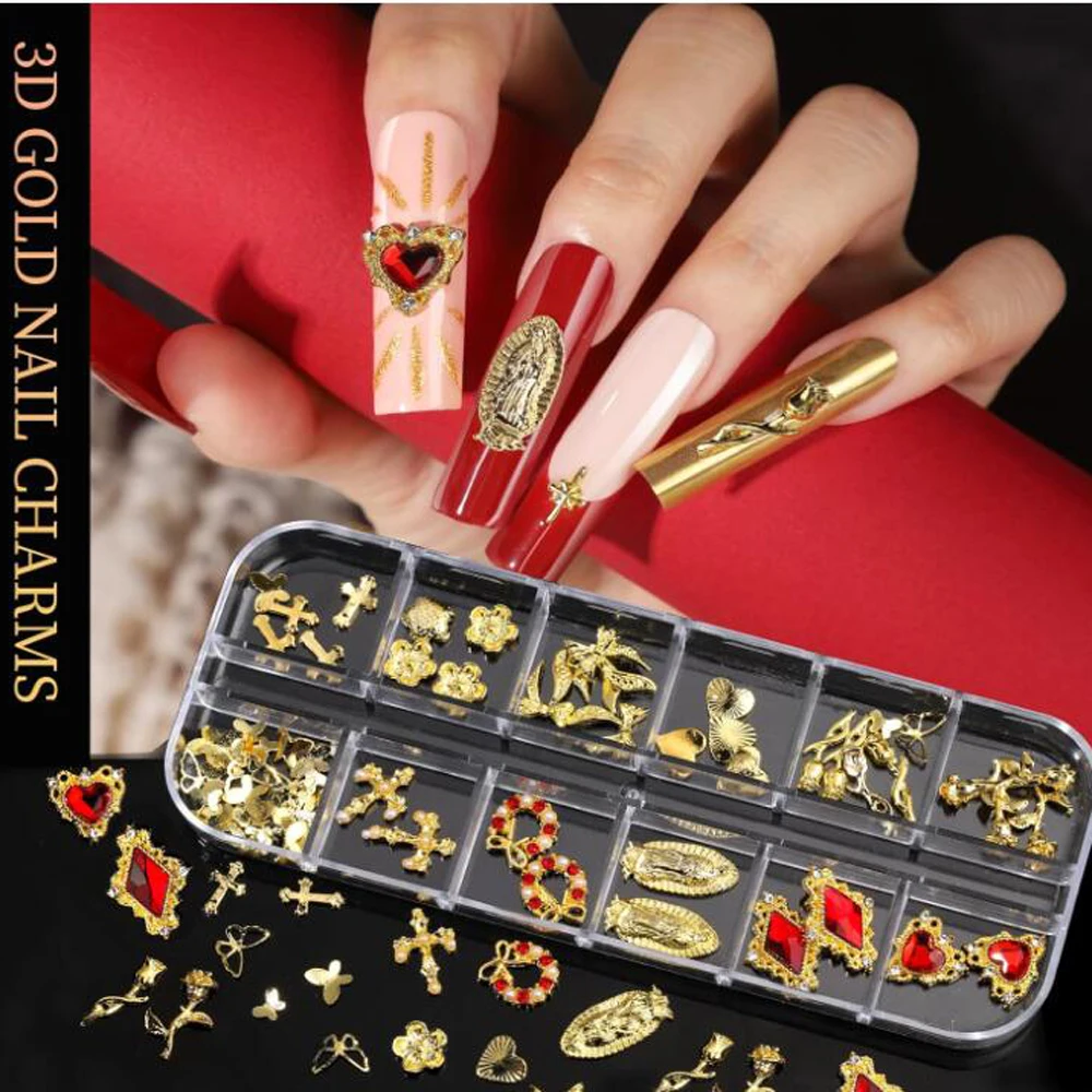 12 griglie 3D lega strass croce farfalla cuore rosa fiori pendenti per unghie gemma unghie cristallo diamante decorazione nail art accesso