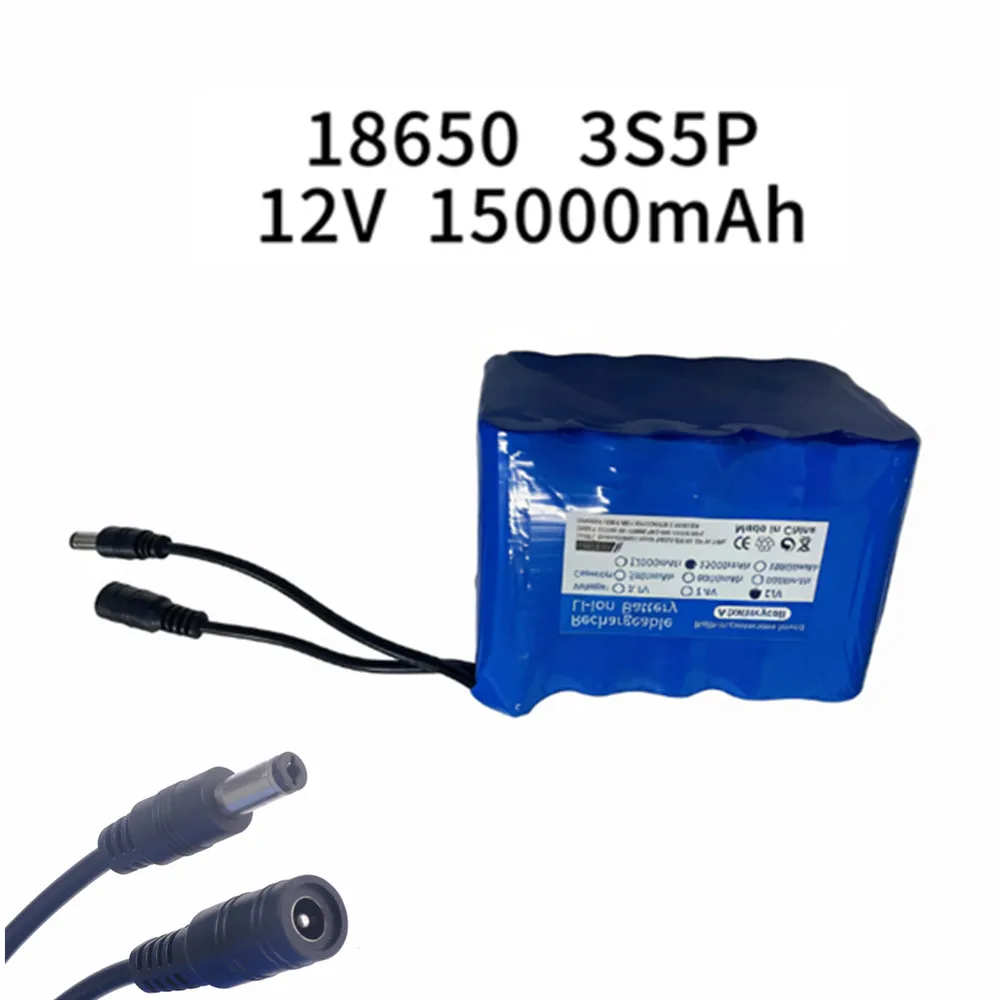 Fishing Battery 12v 3S5P 15Ah Portable 12V Battery Rechargeable Lithium Ion Battery Pack Capacity DC 12.6v Cam Monitor+Charger