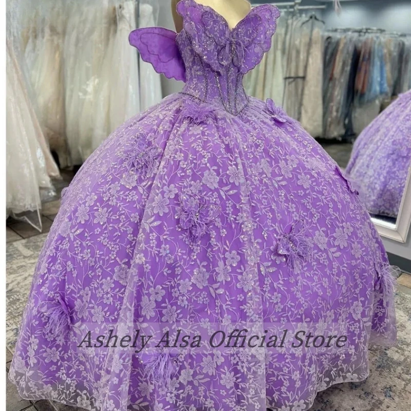 Customized Lilac Princess Butterfly Quinceanera Dresses 16 Girls Full Lace Beaded Ball Skirt Party Prom Gown Vestido vx 14 Anos