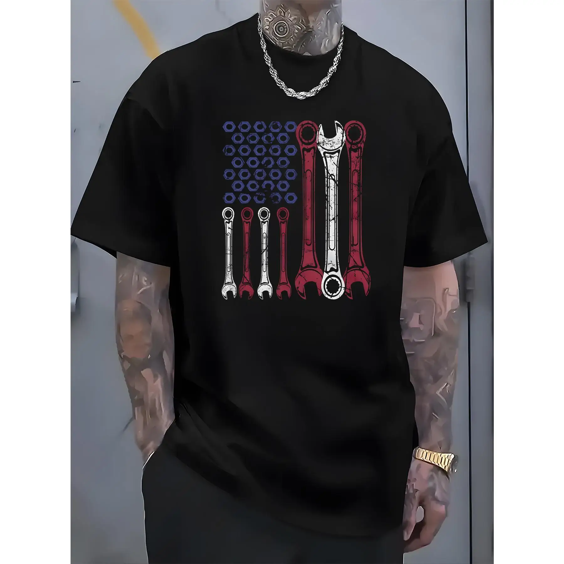 

Men's Patriotic Mechanic T-Shirt | USA Flag Tools Graphic Tee | 4th of July Labor Day Engineer Gift Top