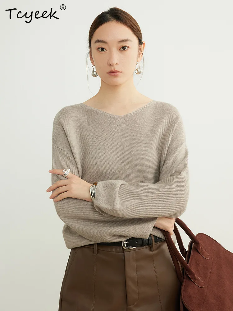 

Tcyeek, 32.4% Wool Elegant Long Sleeve Sweaters, Women VNeck Solid Color, Fashion Casual Loose Sweater, Autumn Winter T47857QM