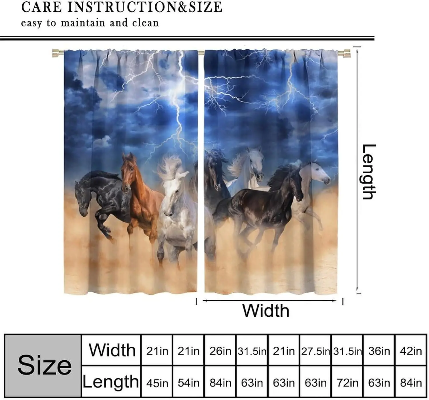 Thunderstorm Wild Horse Window Curtains,Galloping Horses Dust Storm Lightning Cloud Dark Cool Tone Print Drapes for Rustic Cabin