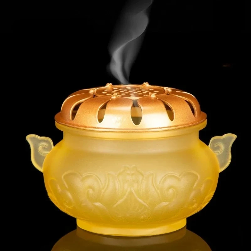 Amber Glass Lotus Buddhist Offering Set Altar Supplies Incense Burner Vase Fruit Plate Water Cup Lotus Lamp Temple Worship Decor