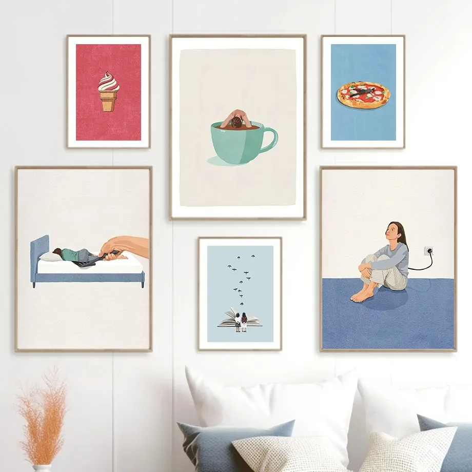 Humorous Funny Charge Coffee Read Sleep Cooking Pizza Poster Art Print Canvas Painting Wall Pictures Living Room Home Decorat